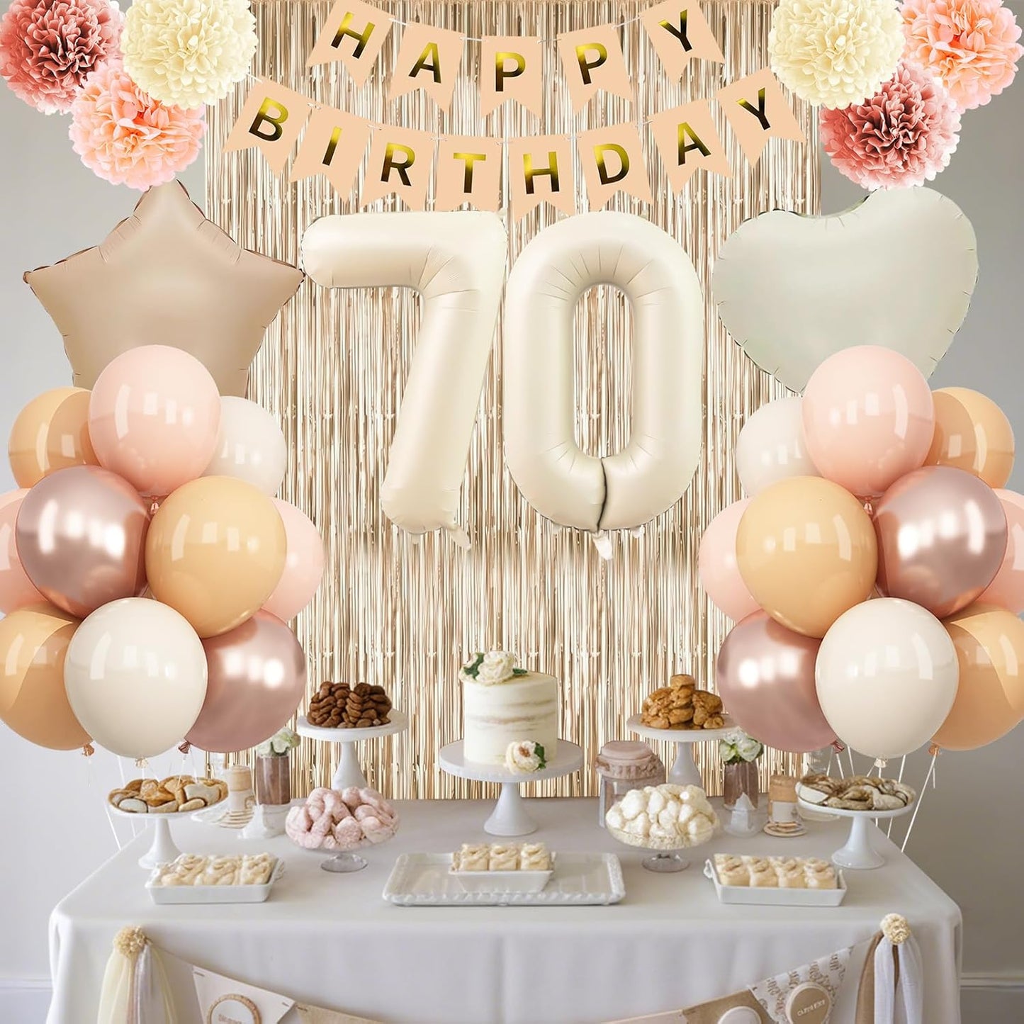 Beige 70th Birthday Decorations for Women Cream Number 70 Balloon Nude Gold Happy Birthday Banner Fringe Curtain Paper Pom Poms Blush White Sand Champagne Star Foil Balloons Neutral Boho Party Decor