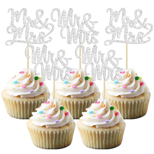 Gyufise 36Pcs Silver Glitter Mr & Mrs Cupcake Toppers Love Cake Decoration Picks for Wedding & Bridal Shower Party Supplies