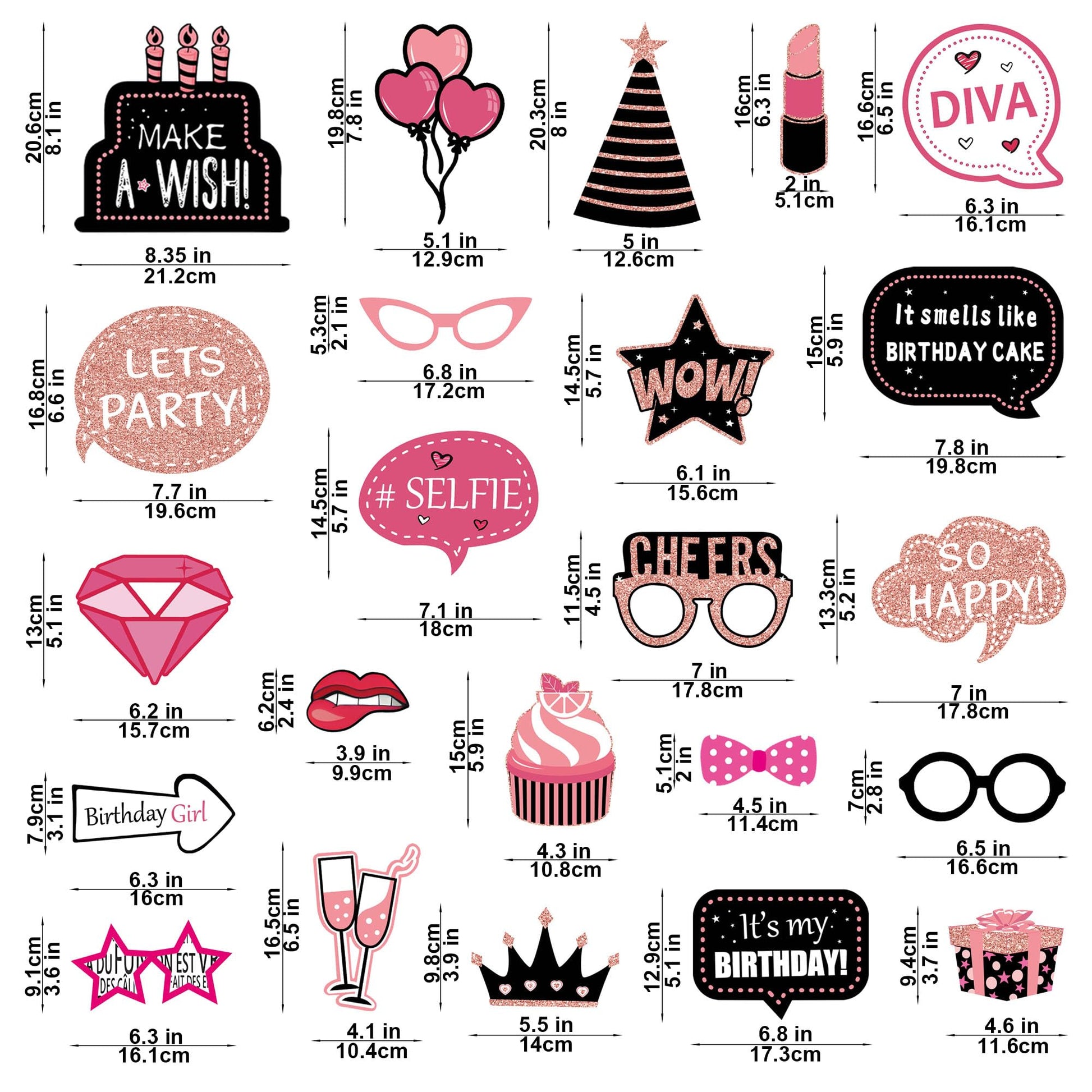 30 Pcs Hot Pink Birthday Photo Booth Props Kit for Girls, Happy Birthday Party Favors Supplies with