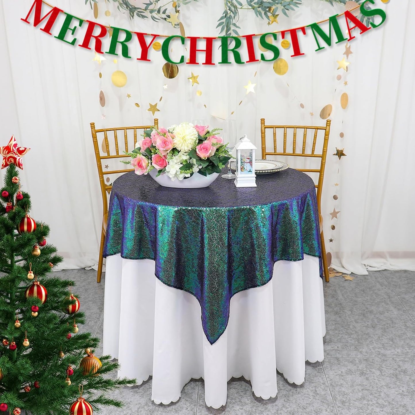 ShinyBeauty Iridescent Green Sequin Tablecloth 54x54” - Square Glitter Overlay for Birthday, Baby Shower, Wedding, Party & Event Decor - Elegant & Sparkly Table Cover