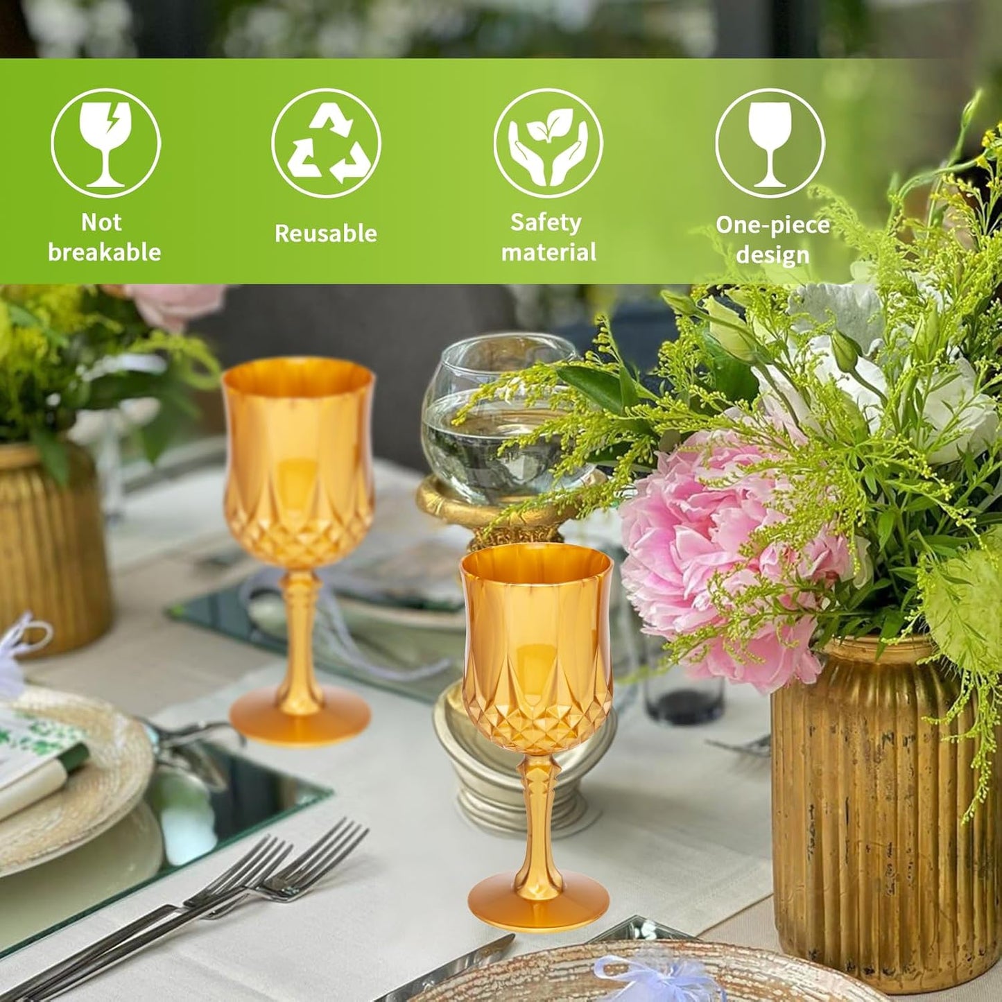 JLYLOL Plastic Vintage Wine Glasses 7OZ Plastic Goblets Vintage Drinking Glasses 48PCS Retro Wedding Glassware Water Goblets Reusable Drinking Cups for Party,Reception,Celebration,Bar,Whiskey(Amber)