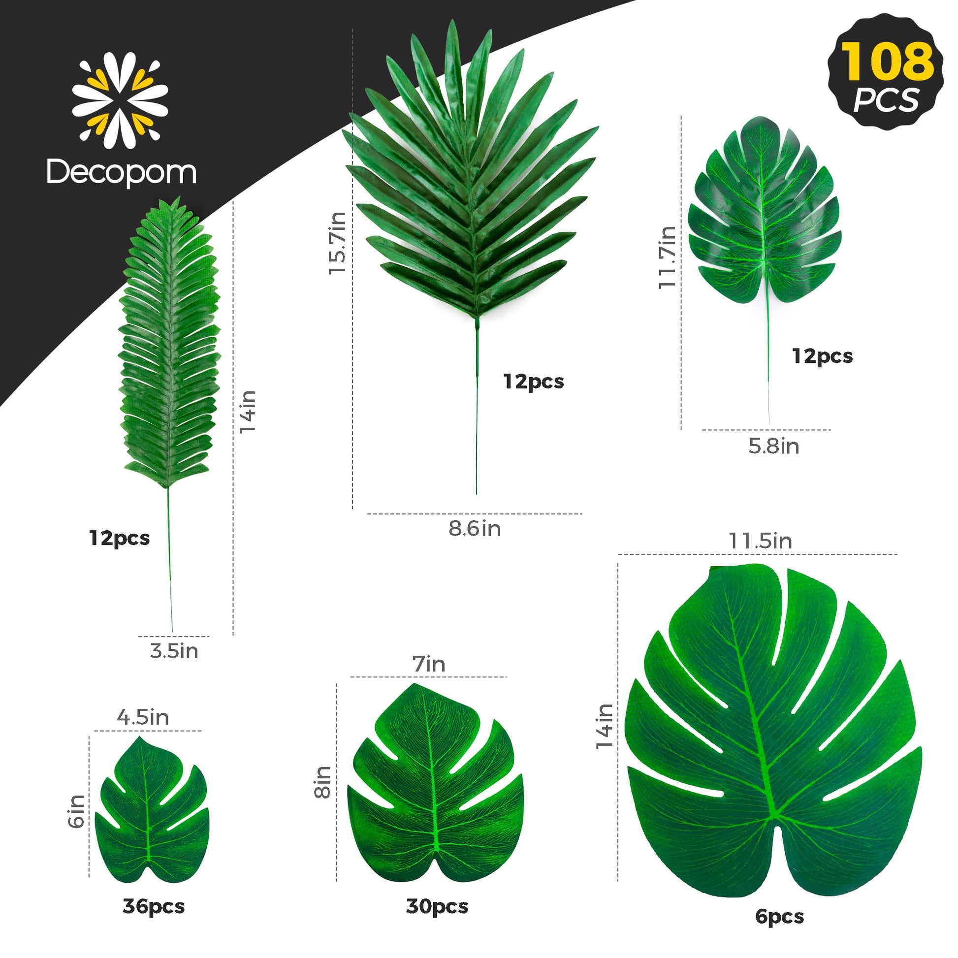108 Pack Palm Leaves Artificial Tropical Monstera - 6 Kinds Large Small Green Fake Palm Leaf with