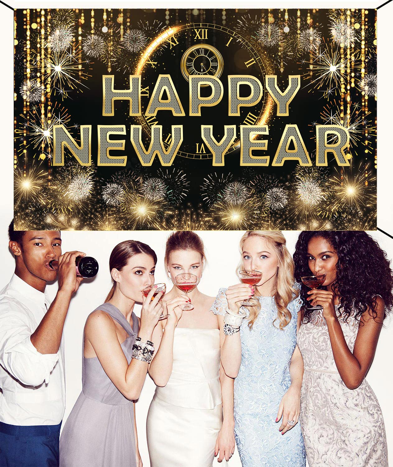 HAPPY NEW YEAR Hanging Extra Large Fabric Sign Poster Black Background Banner with Firework Pattern