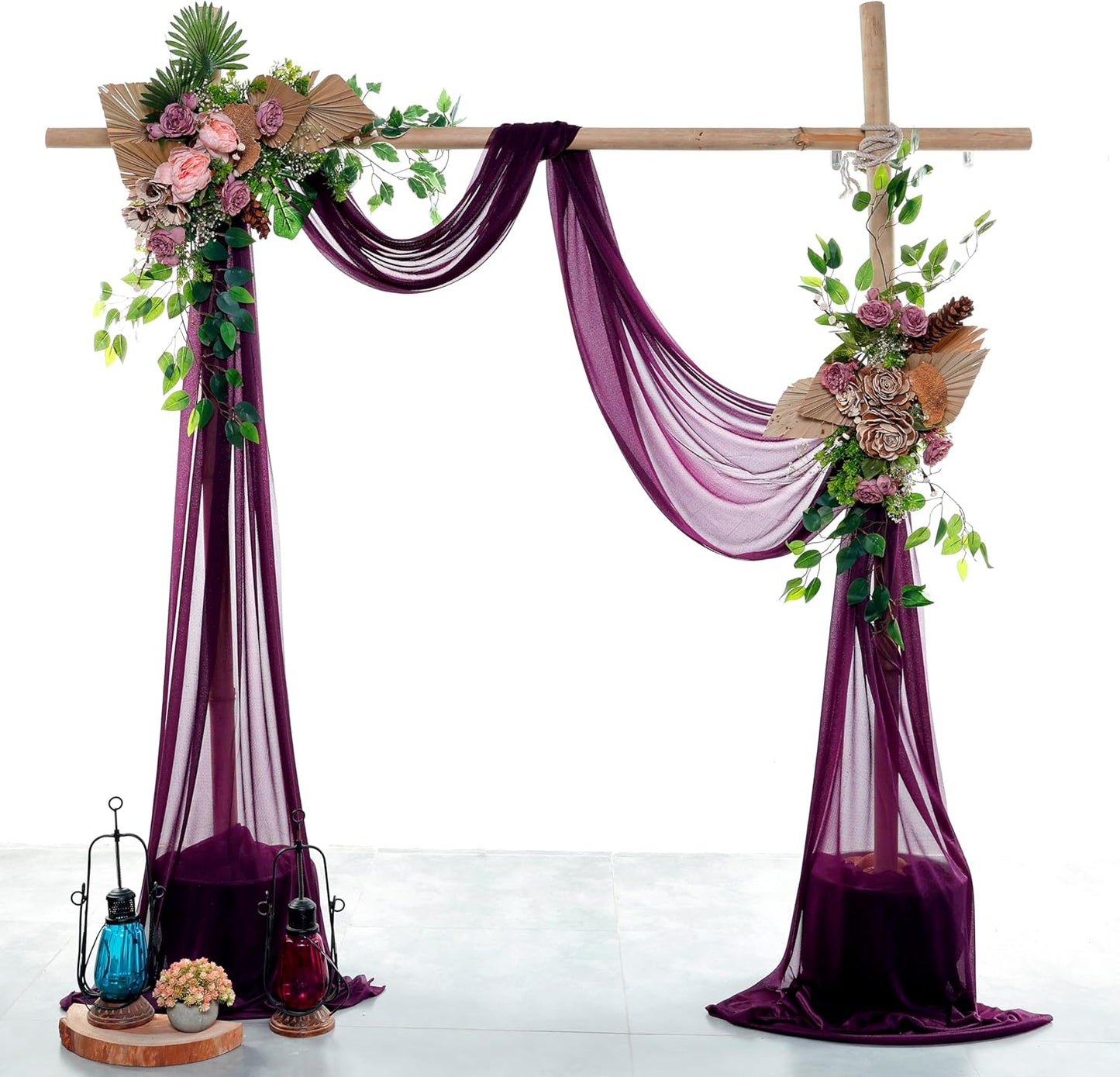 VDS Pack of 2 Panel (30 Inch X 100 Feet) Wedding Arch Draping Fabric Sheer Chiffon Fabric Drapery for Wedding Ceremony Reception Swag Backdrop Canopy Chuppah ARBO Altars Decoration (Eggplant)
