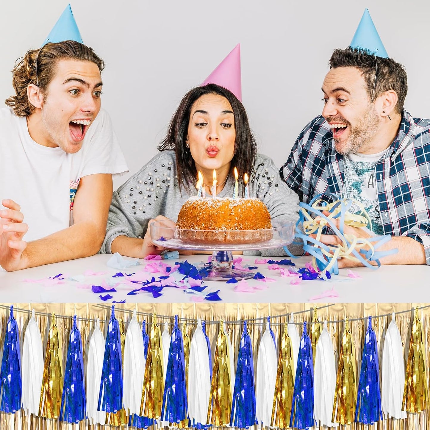 6P Navy-Blue White-Gold Foil Fringe Metallic Tassel-Garland, Tassels Banner Streamers for Parade Floats, Bachelorette, Wedding, Birthday, Graduation, Christmas, Bridal/Baby Shower Party Decorations