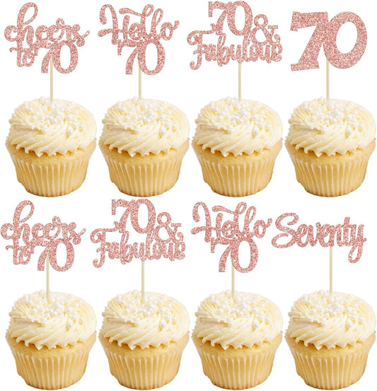 30Pcs Happy 70th Birthday Cupcake Toppers Seventy Cheers to 70 Years Old Birthday Cupcake Picks for 70th Birthday Anniversary Party Cake Decorations Supplies Rose Gold Glitter