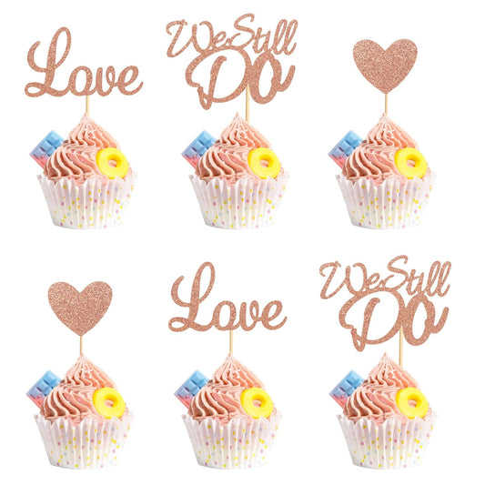 24Pcs We Still Do Cupcake Toppers Glitter Love Heart Marriage Anniversary Cupcake Picks Bridal Shower Wedding Engagement Birthday Cake Decorations Supplies - Rose Gold Glitter