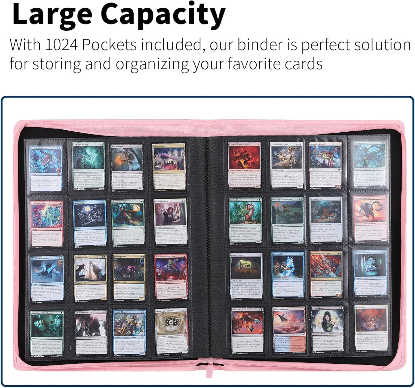 Snekdy premium 1024-pocket trading card binder, 16-pocket cards album, waterproof PU-leather Cover album with side loading, holds gaming, baseball, basketball & sports cards (Pink)