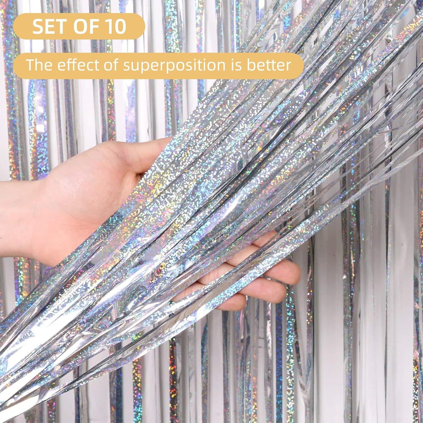 10 Pack Silver Backdrop Curtain 3.2ft x 8.2ft Metallic Tinsel Foil Fringe Curtains Photo Booth Background for Birthday Party Decoration Baby Shower Engagement Wedding Christmas Decoration (Silver)