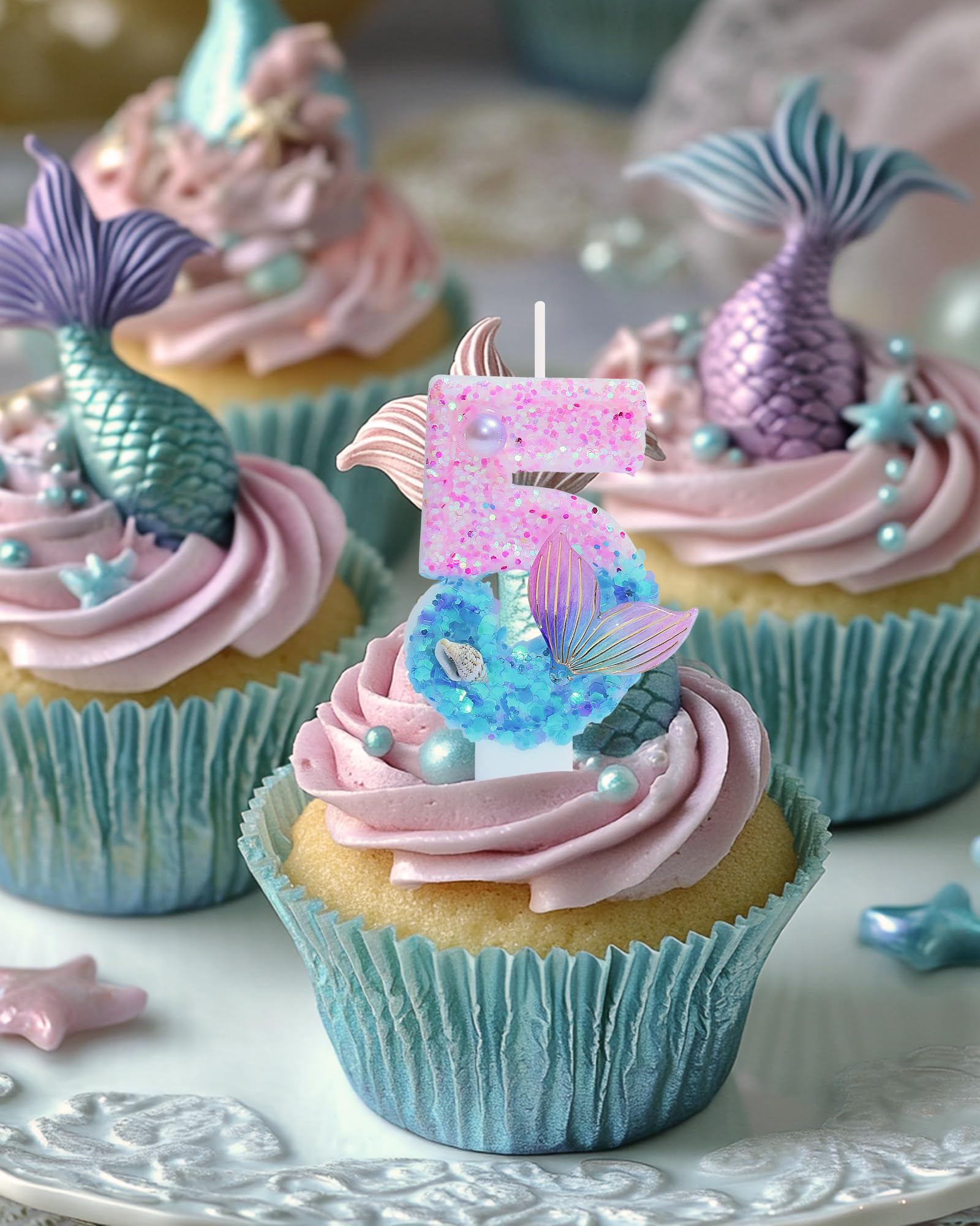 Mermaid Themed Birthday Candles, Number 5 Girls Glitter Birthday Party Supplies,Anniversary Party