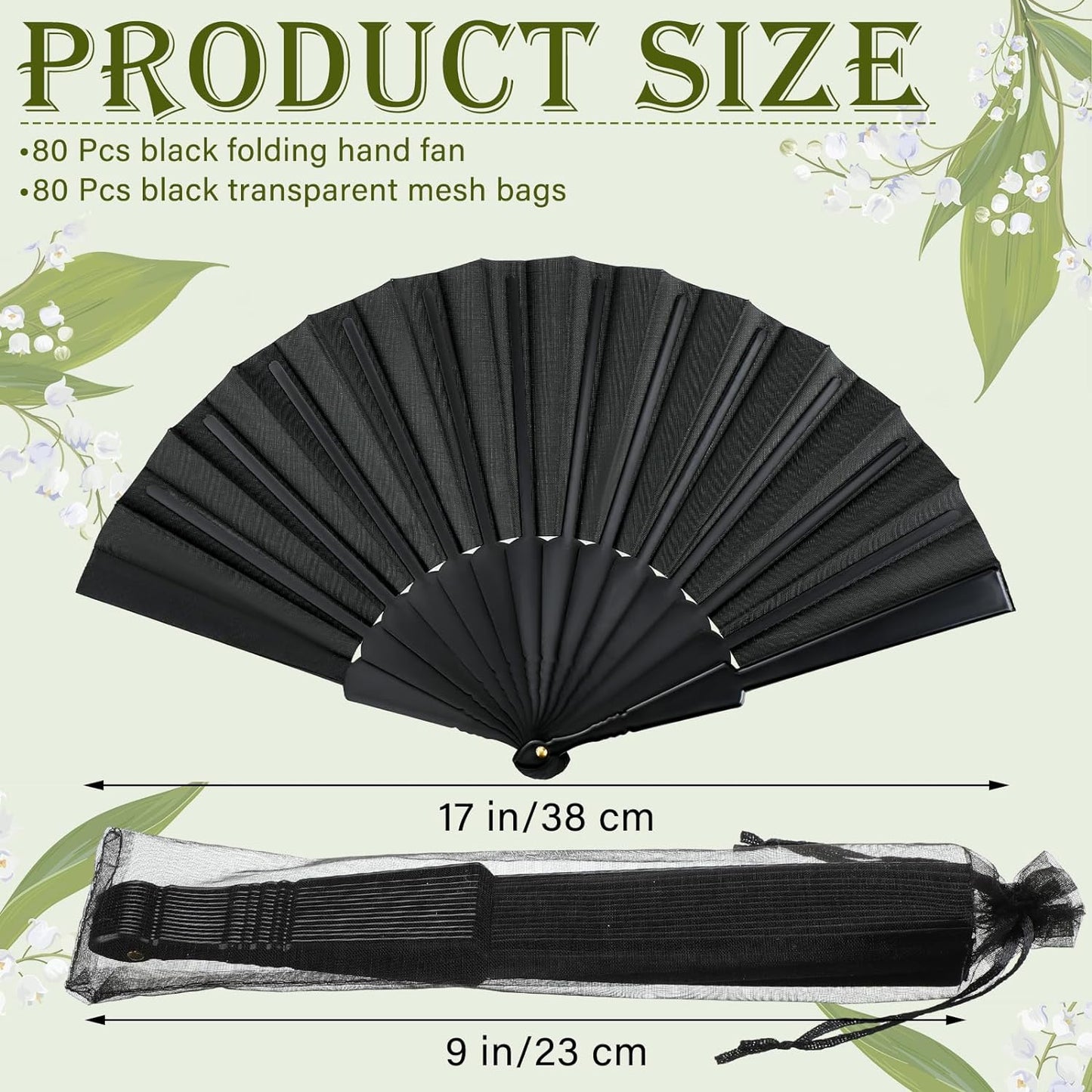 Wenqik 80 Pcs Wedding Folding Hand Fans Bulk Silk Fabric Chinese Handheld Foldable Clack Fans with Plastic Ribs for Party, Wedding Gifts, Line Dancing, Home Decorative (Black)
