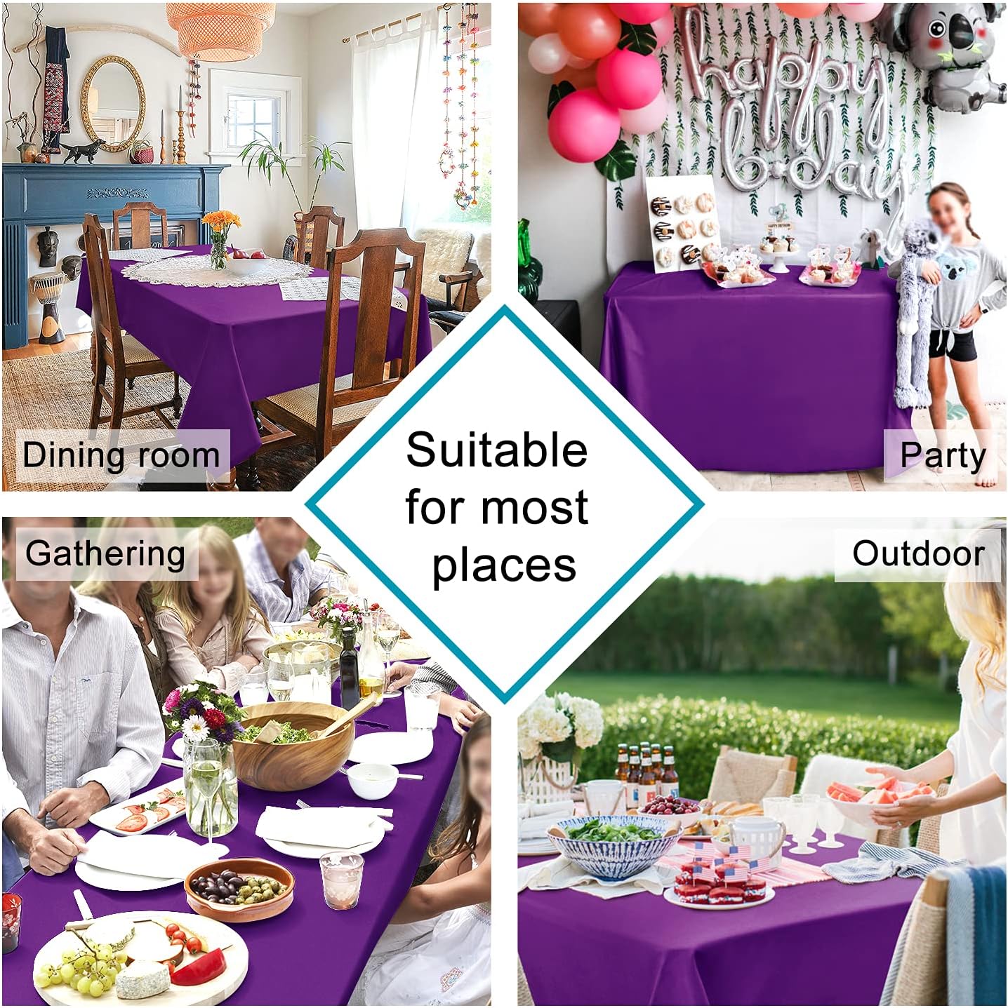Hiasan Royal Purple Tablecloth for Rectangle Tables - Waterproof and Spillproof Washable Fabric Table Cloth for Dining Room Kitchen Party, 70 x 140 Inch