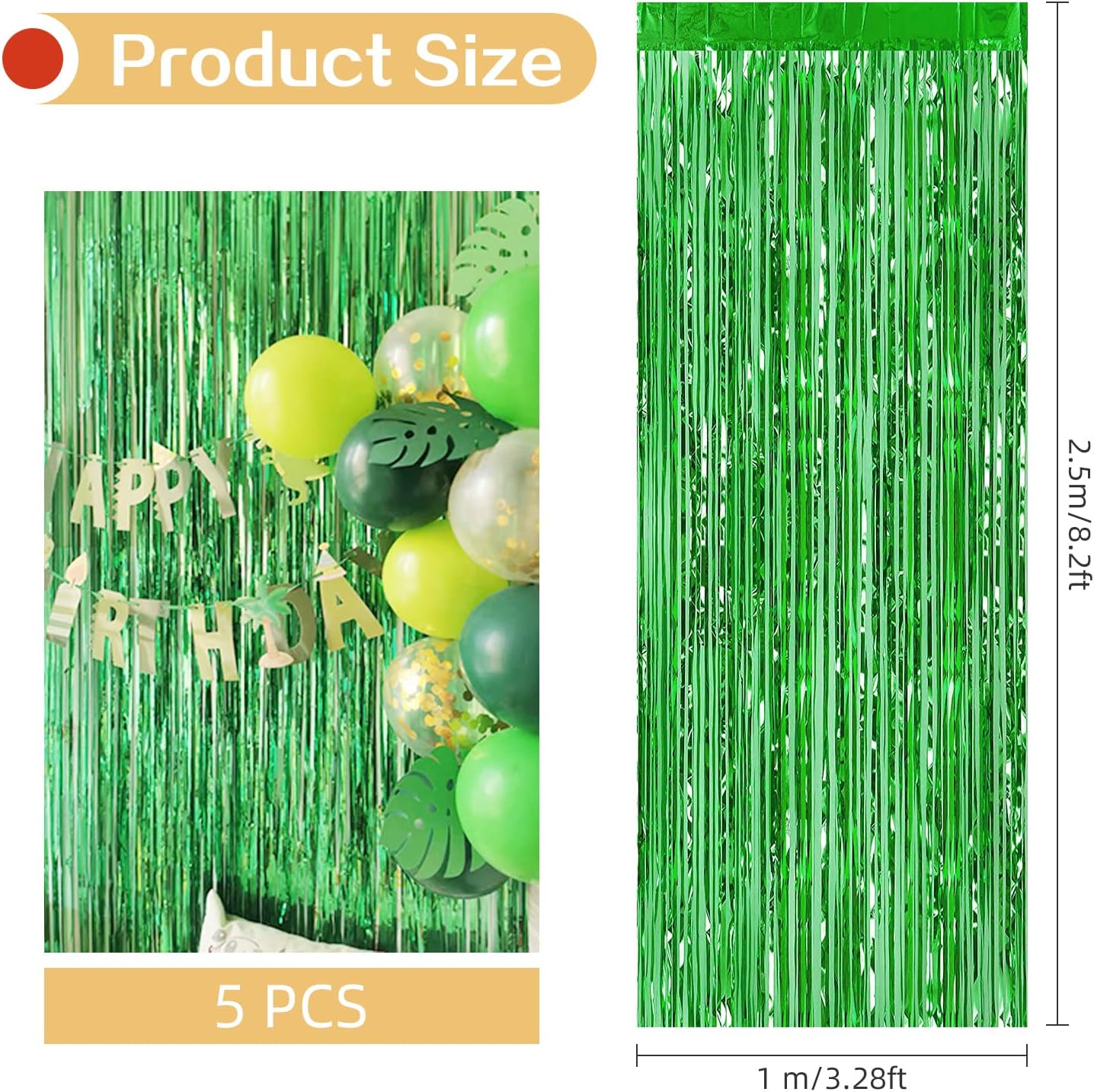 5 Pack Green Fringe Backdrop 3.2ft x 8.2ft Foil Curtain Tinsel Fringe Curtains Backdrop Streamers for Birthday Party Decoration Wedding Christmas Decoration