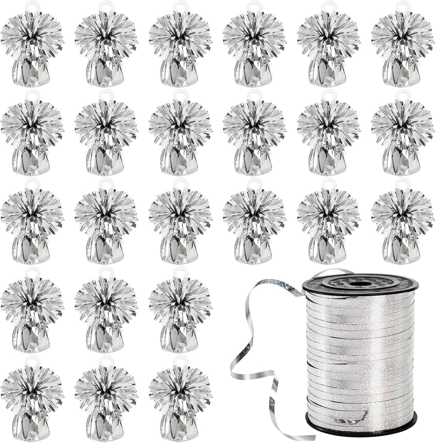 Frcctre 24 Pack Balloon Weights Metallic Silver Anchors Balloon Holder Foil Weights with 1 Roll