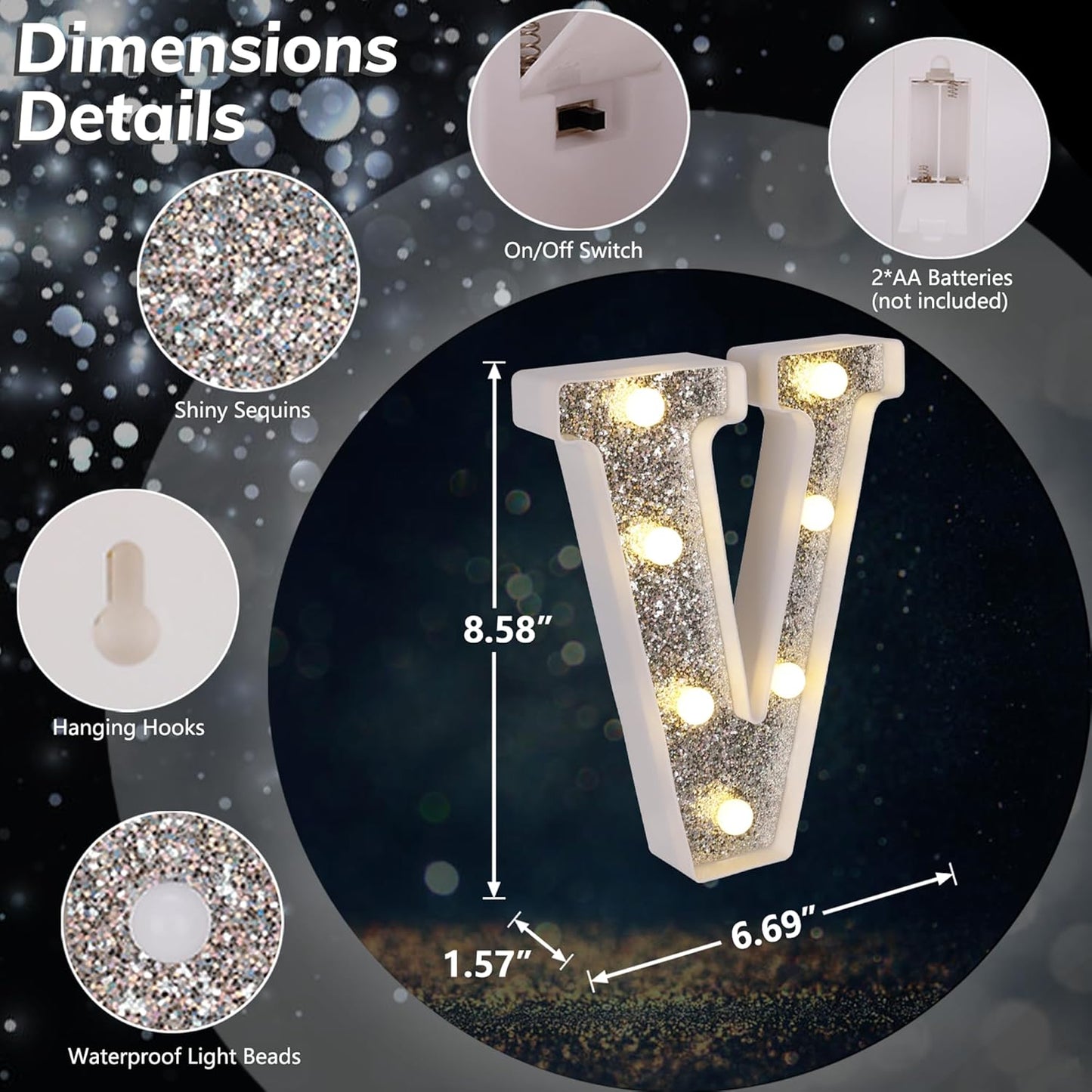 Marquee Light Up Letters, Glitter Silver LED Letter Lights Battery Powered Alphabet Letter Sign for Night Light Wedding Birthday Party Cafe Bar Decoration Girls Room Decor - V