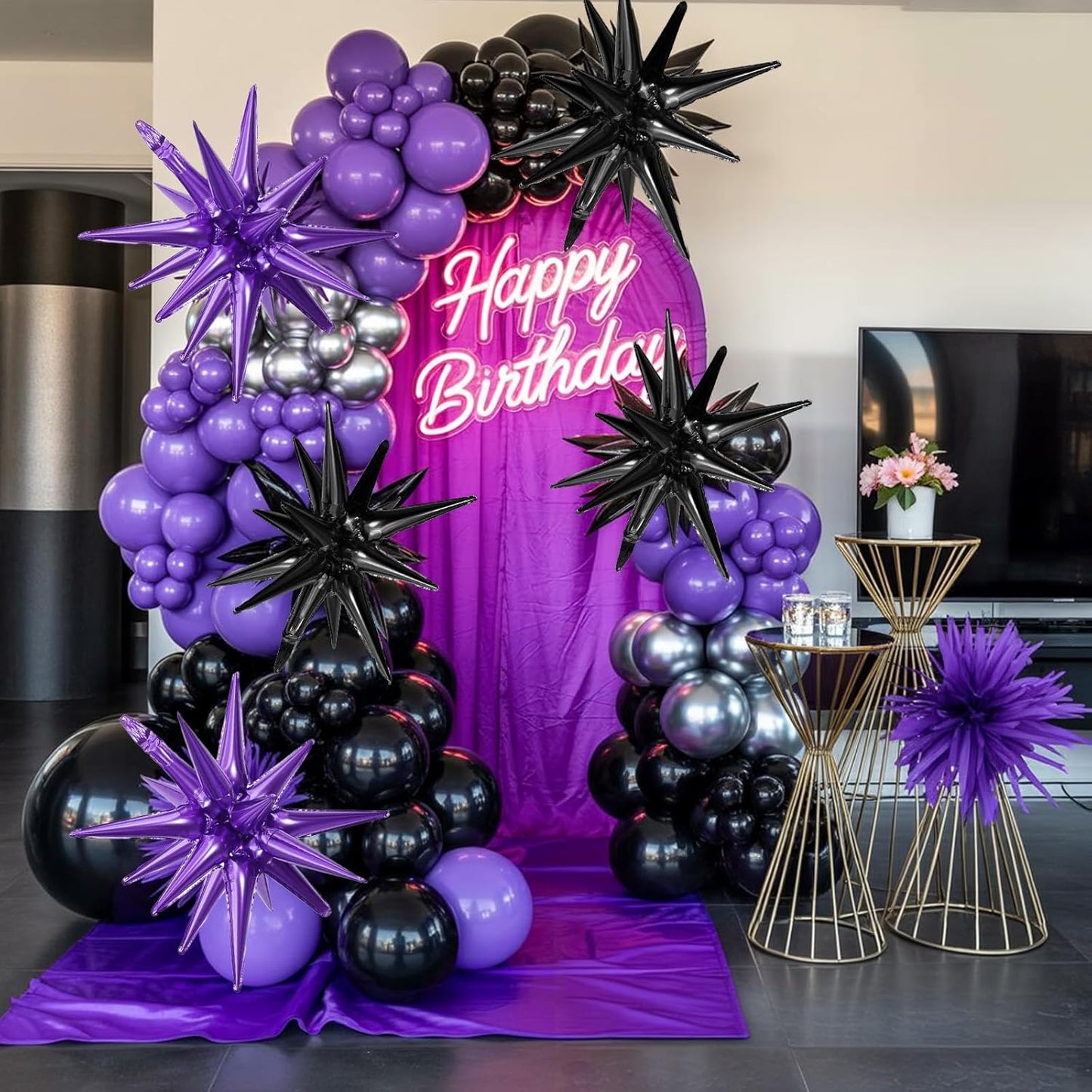 Black Purple Star Balloons,9Pcs 22Inch Black Purple Explosion Spike Cone Helium Polyester Film Star Foil Balloons for Birthday Halloween Anniversary Baby Shower Party Decorations