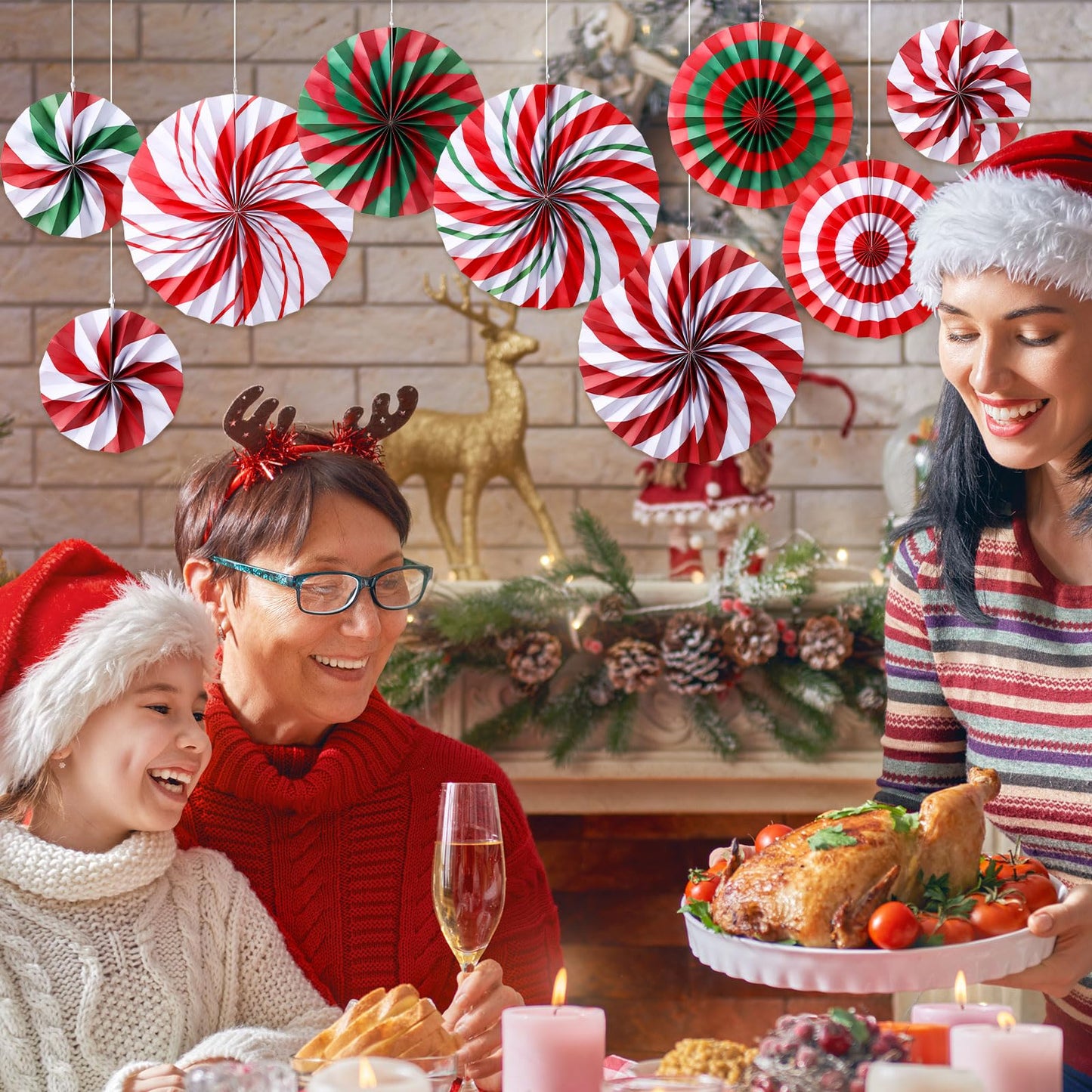Outus Christmas Hanging Decorations Candy Paper Fans Peppermint Hanging Paper Fans Candy Cane