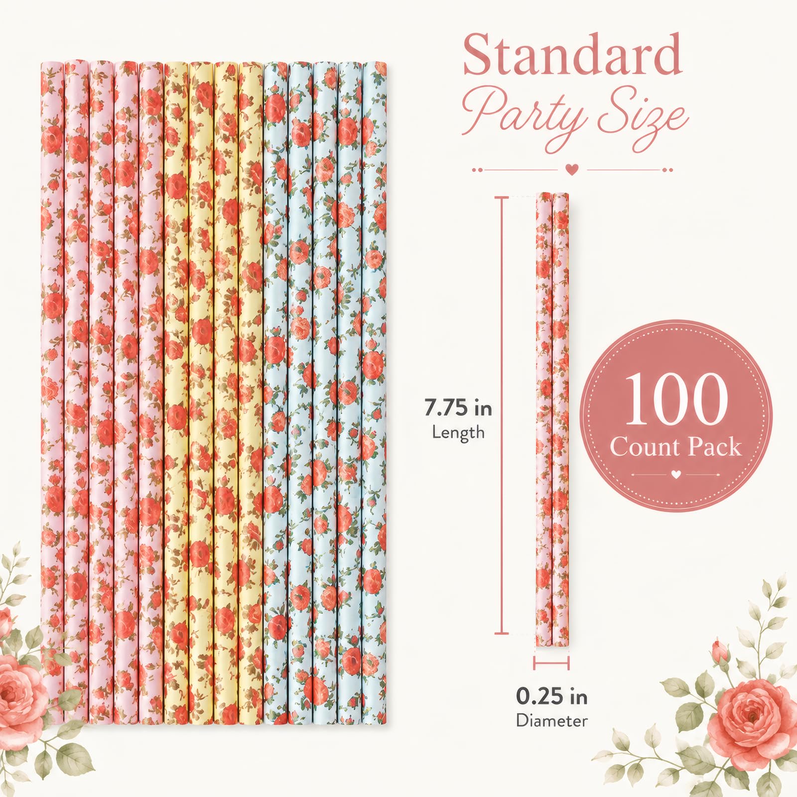 ALINK Floral Paper Straws 100 Count, 7.75 Inch Vintage Rose Disposable Drinking Straws, Decorative