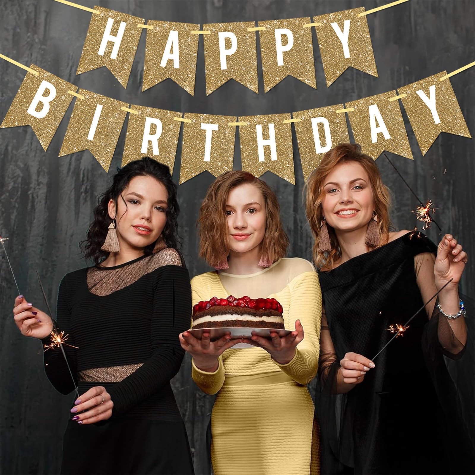 Netnology Pre-Strung Gold Glitter Happy Birthday Banner Decorations