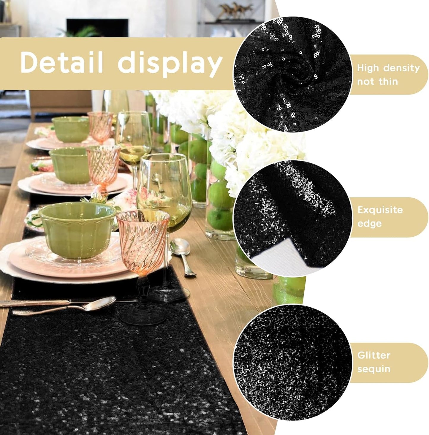 6 Packs 12 x 72 inches Sequin Table Runner, Black Glitter Table Runner for Birthday Party Supplies Wedding Engagement Baby Shower Holiday Celebration Event Decorations