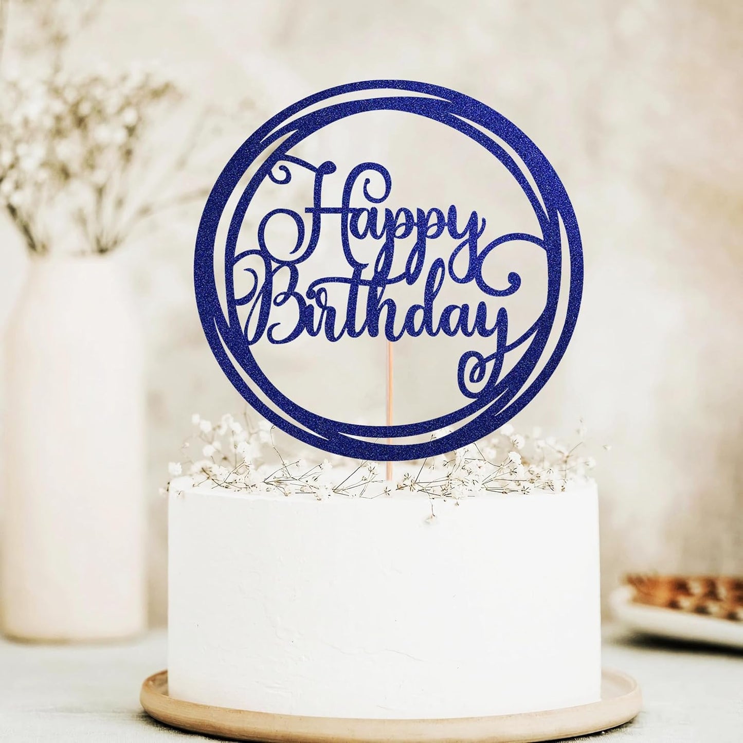 Happy Birthday Cake Topper - Blue Glitter Happy Birthday Cake Decoration Supplies for Children or Adults - Happy Birthday Cake Bunting Decor, Photo Booth Props