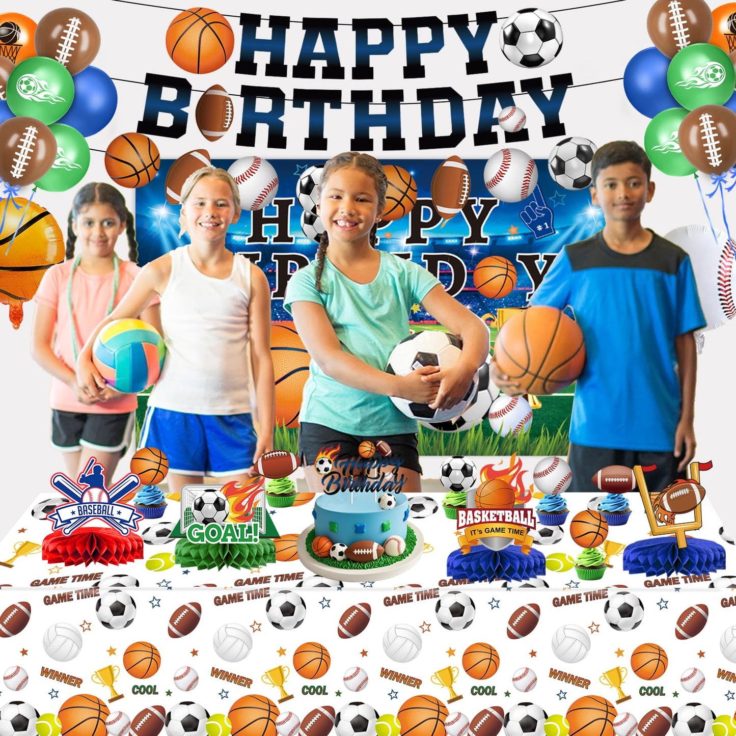 Sports Birthday Party Decorations Includes Banner, Backdrop, Foil & Latex Balloons, Cake & Cupcake