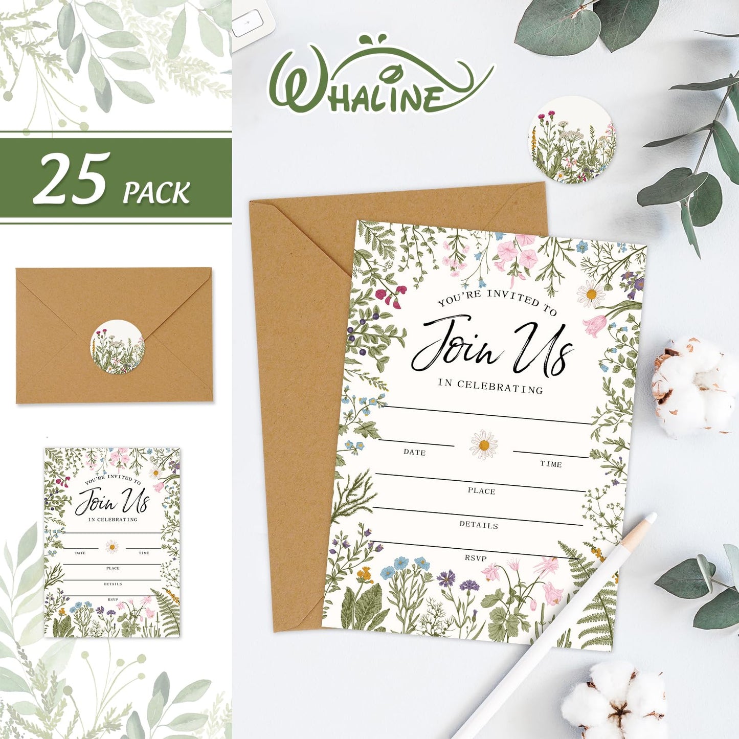 Whaline 25 Packs Vintage Floral Invitations with Envelopes and Stickers Retro Wildflower Invitation