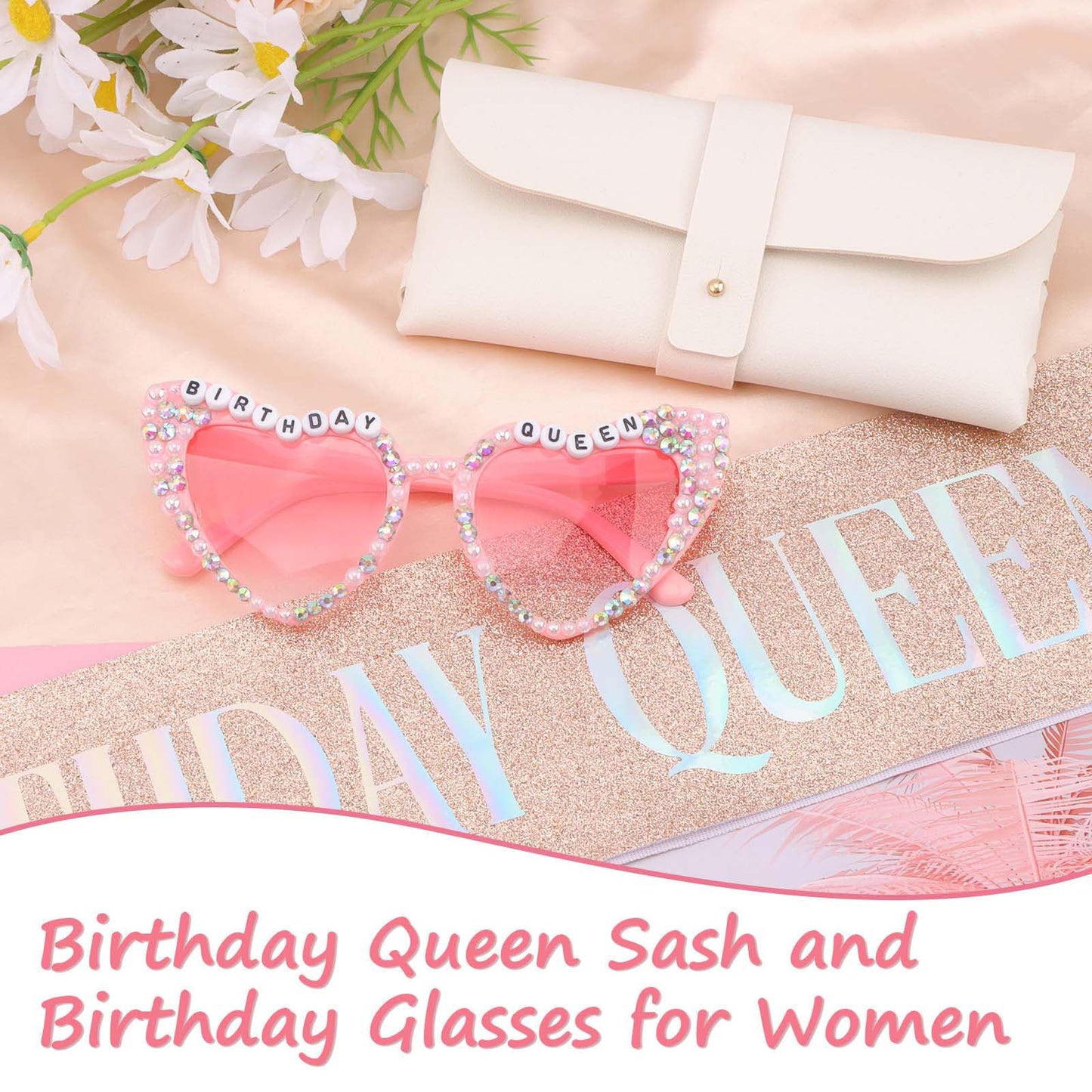 Tihebax Birthday Sash for Women, Birthday Queen Sash with Glasses for Girls Women Birth Day