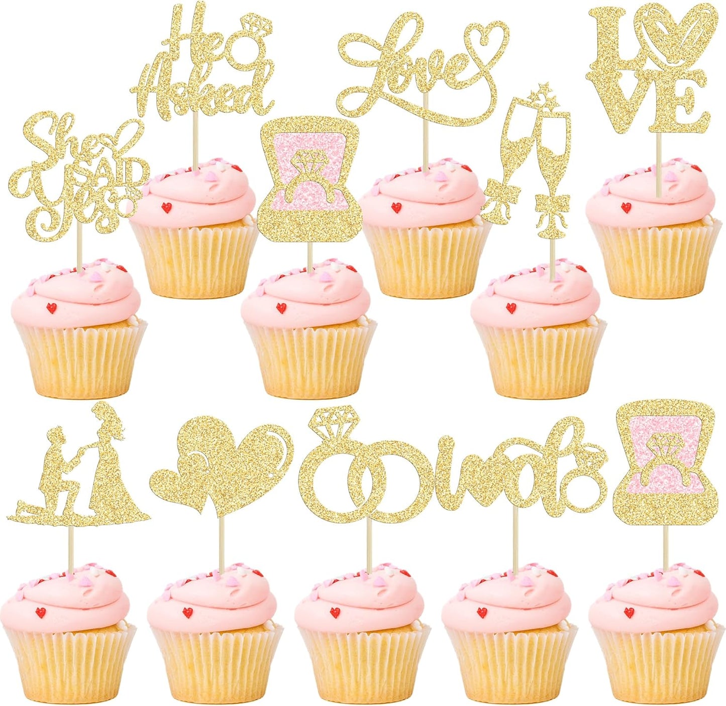 Ephlyn 30Pcs He Asked She Said Yes Cupcake Toppers Glitter Engagement Cupcake Toppers Diamond Ring Heart Love I Do Cupcake Picks for Engagement Wedding Party Cake Decorations Gold