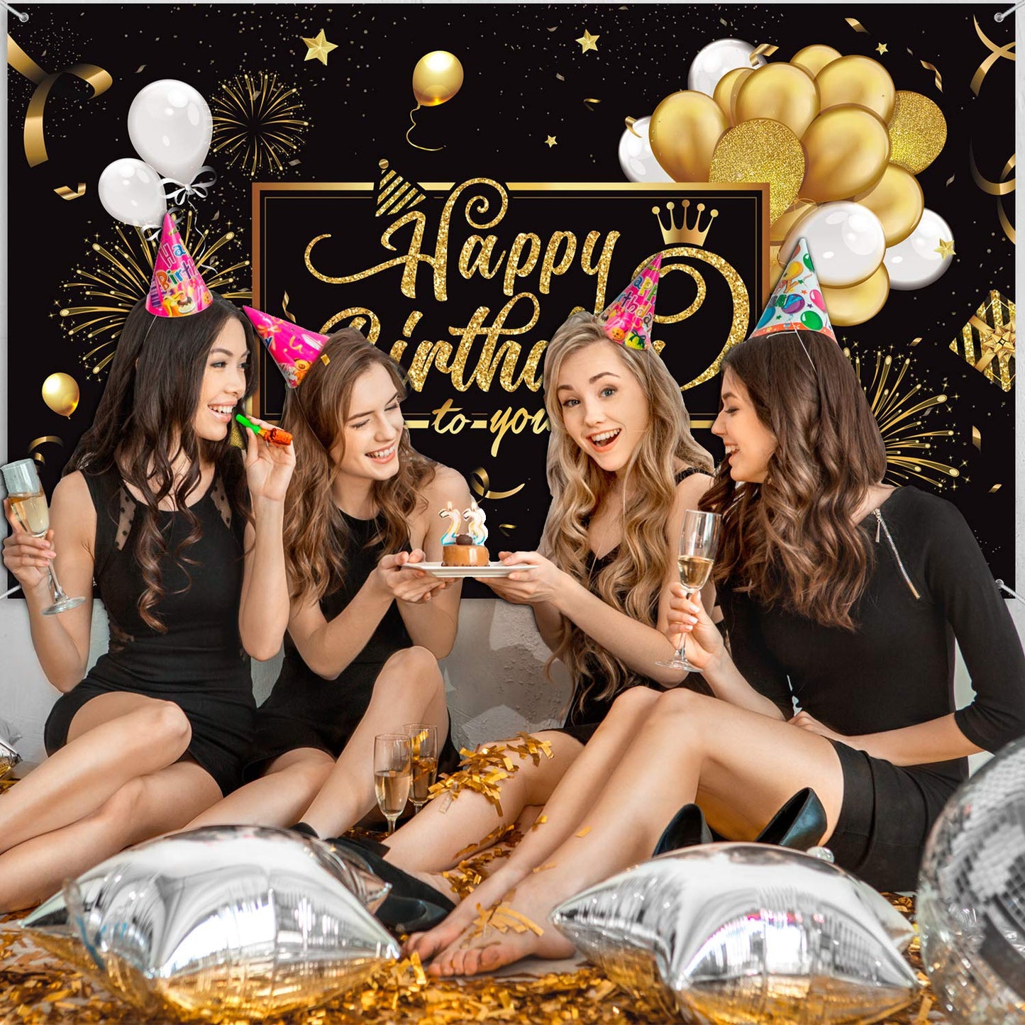 Blulu Black and Gold Happy Birthday Banner Sign Photo Backdrop, Classic