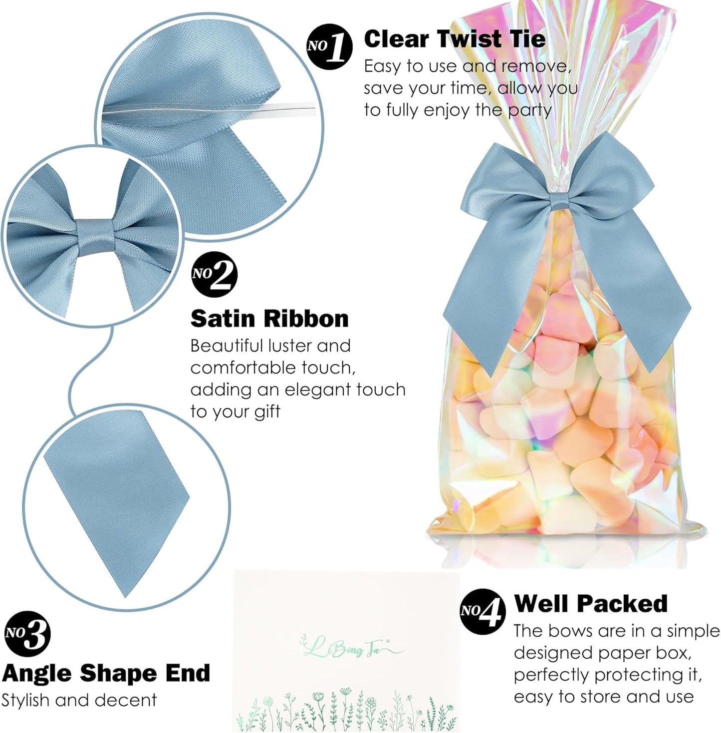 4.5" Satin Ribbon Dusty Blue Bows for Gift Wrapping, Twist Tie Bows, Cute Bows for Crafts, Party Favors, Premade Bows Pre-Tied Decorative Bows for Flower Bouquets Candy Apple Bows-24 Counts