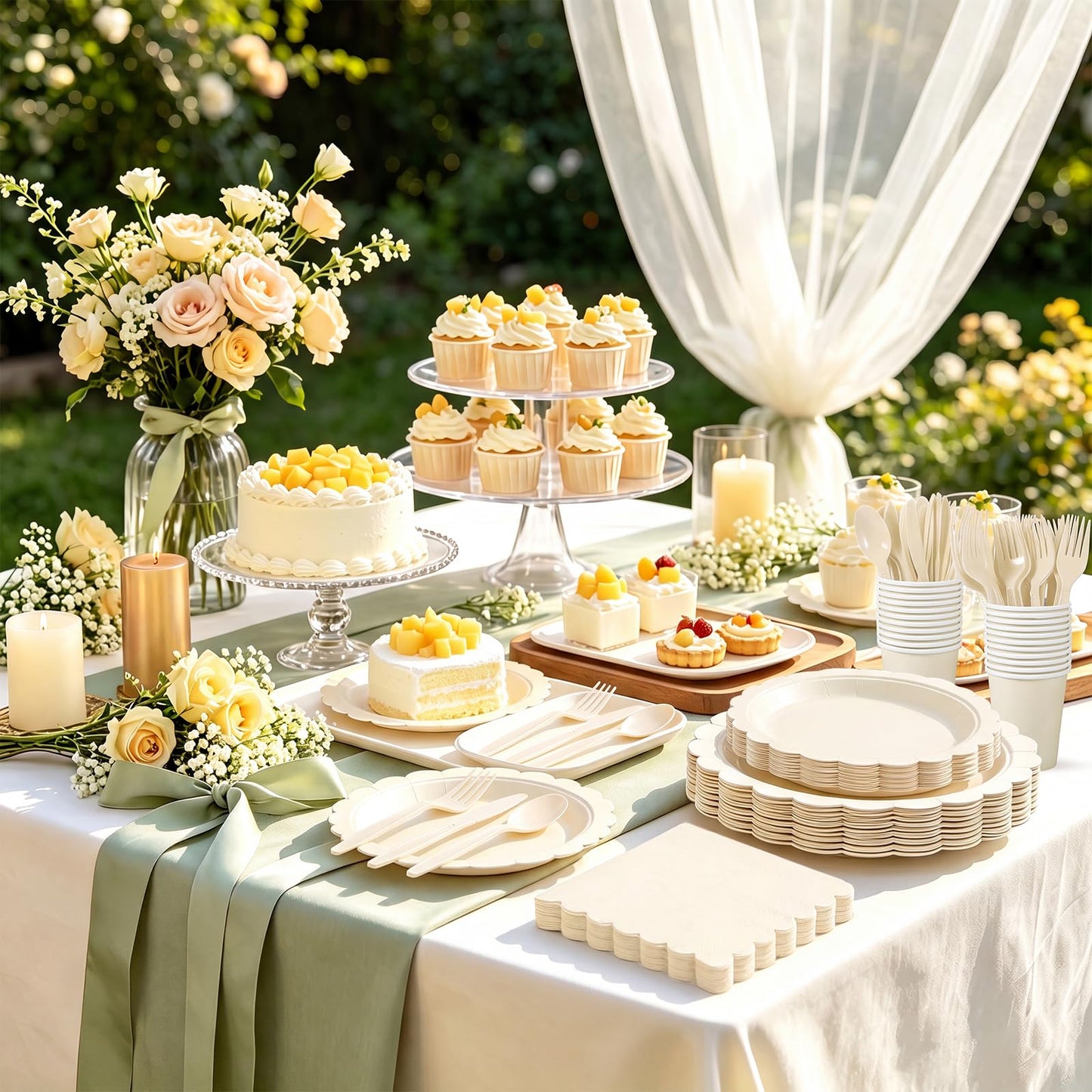 Xiangqu 25 Set Party Plates and Cups and Napkins Ivory Scalloped Dinnerware