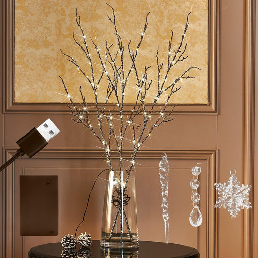 Fudios Lighted Willow Branches Christmas Glitter Battery Operated 32IN 120 LED Fairy Lights, Brown Branch Lights for Home Holiday Decoration Indoor Outdoor