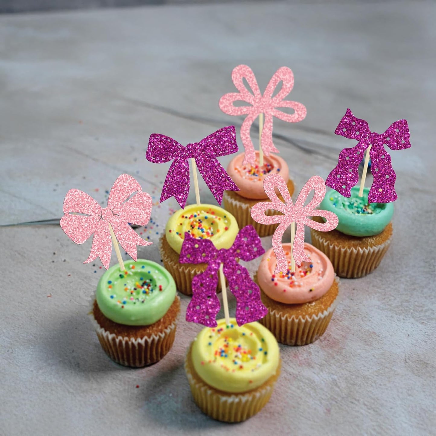 Ephlyn 24Pcs Pink Bow Cupcake Toppers Bow Birthday Cake Topper Girls Birthday Party Decorations Bowknot Cupcake Decorations for Bridal Baby Shower Birthday Wedding Themed Party Pink Purple