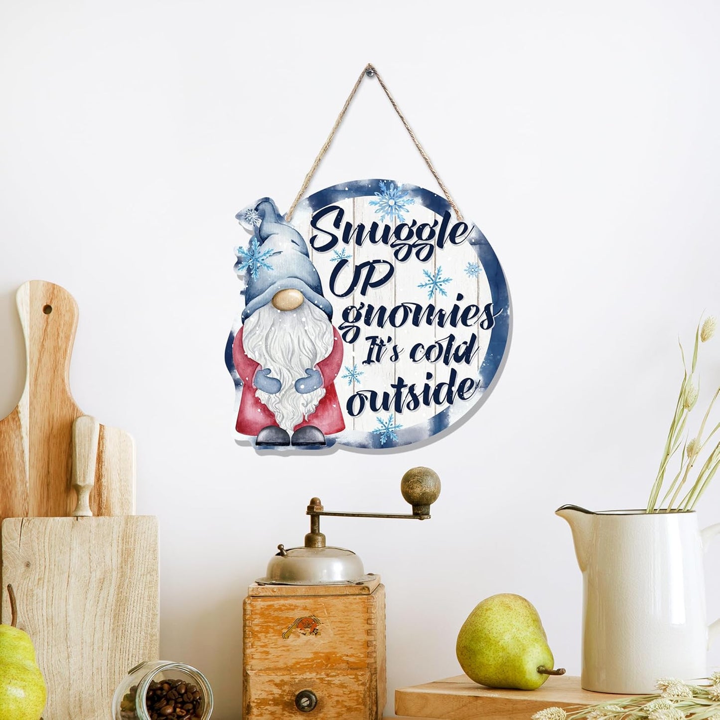 CGBHW Winter Snowflake Snowman Gnome Wooden Sign, Winter Wreath Christmas Holiday Vavy Blue Decoration Hanging Sign Wall Decor, Snuggle up Gnomies It’s Cold Outside Home Door Decor 12 x 12 Inch