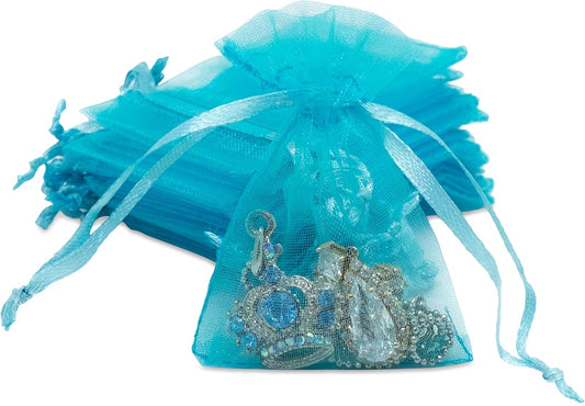 TheDisplayGuys 48-Pack 2" x 2-3/4" Turquoise Blue Sheer Organza Gift Bags with Drawstring, Jewelry Candy Treat Wedding Party Favors Mesh Pouch