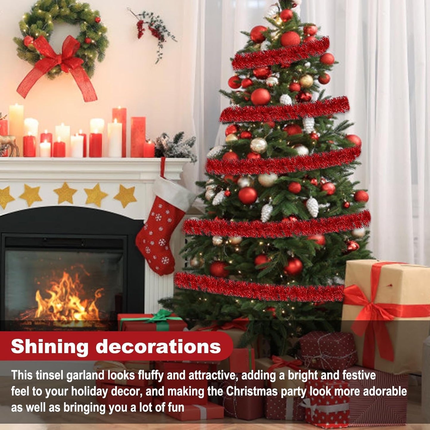 50 Feet Red Christmas Tinsel Garland, Metallic Foil Twist Garland Wall Hanging Tinsel Banner Backdrop for Parade Floats, Easter, Mother's Day, Wedding Party Decorations (2in x 50ft)