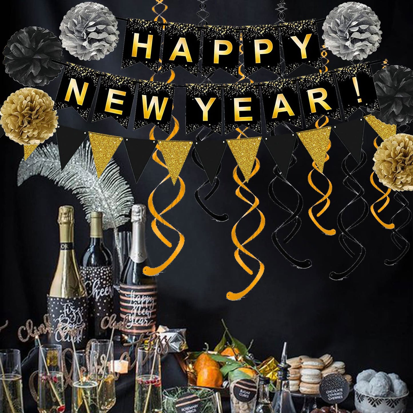 Happy New Year Set Black Banner with Gold Black Paper Flag Bunting Swirl Streamers & Pom Poms for