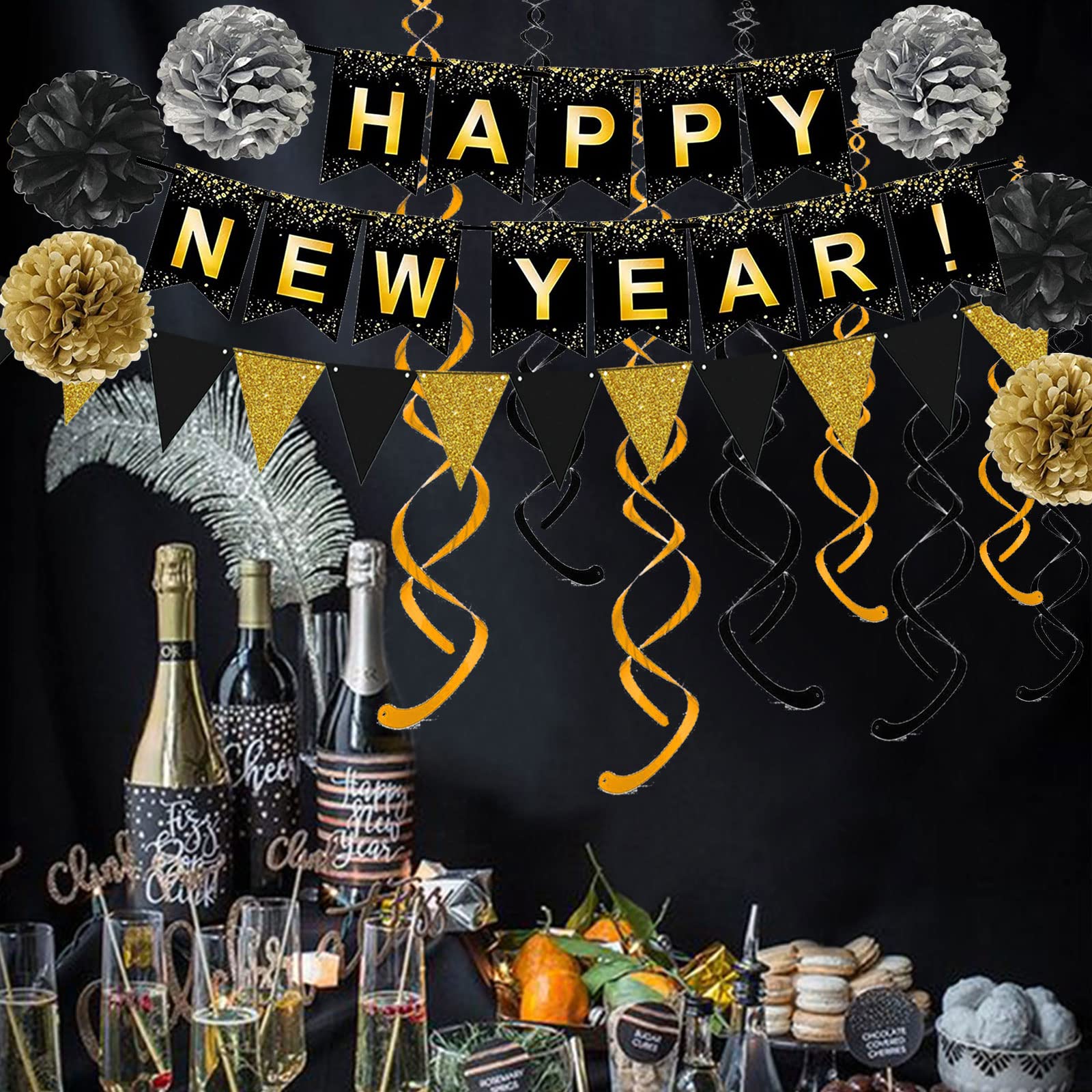 Happy New Year Set Black Banner with Gold Black Paper Flag Bunting Swirl Streamers & Pom Poms for