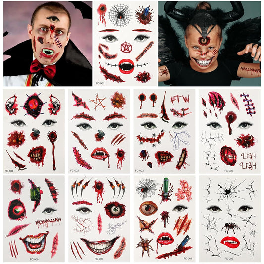 Halloween Horror Makeup Fake Scars Temporary Tattoos - 118 Pcs Realistic Bloody Stitches Wound Tattoo Stickers for Face & Body, Zombie, Chucky, Vampire Cosplay, Pranks & Masquerade Parties