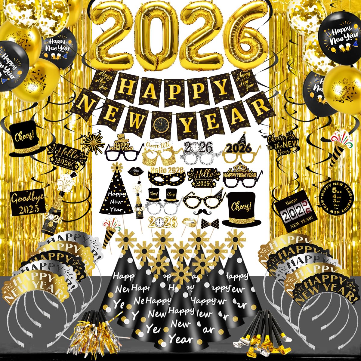 MOVINPE New Year Eve Party Decorations Kit 2026 - Happy New Year Party Supplies, Banner Cone Hats