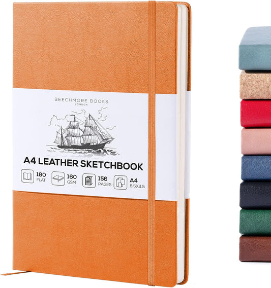 Beechmore Books A4 Sketchbook ??8.5x11 Premium Vegan Leather Bound Large Sketch Book Hardcover with 156 Thick 160gsm Perforated Ivory Pages, Blank Sketch Pad, Gift Boxed, Back Pocket, Ribbon Bookmark