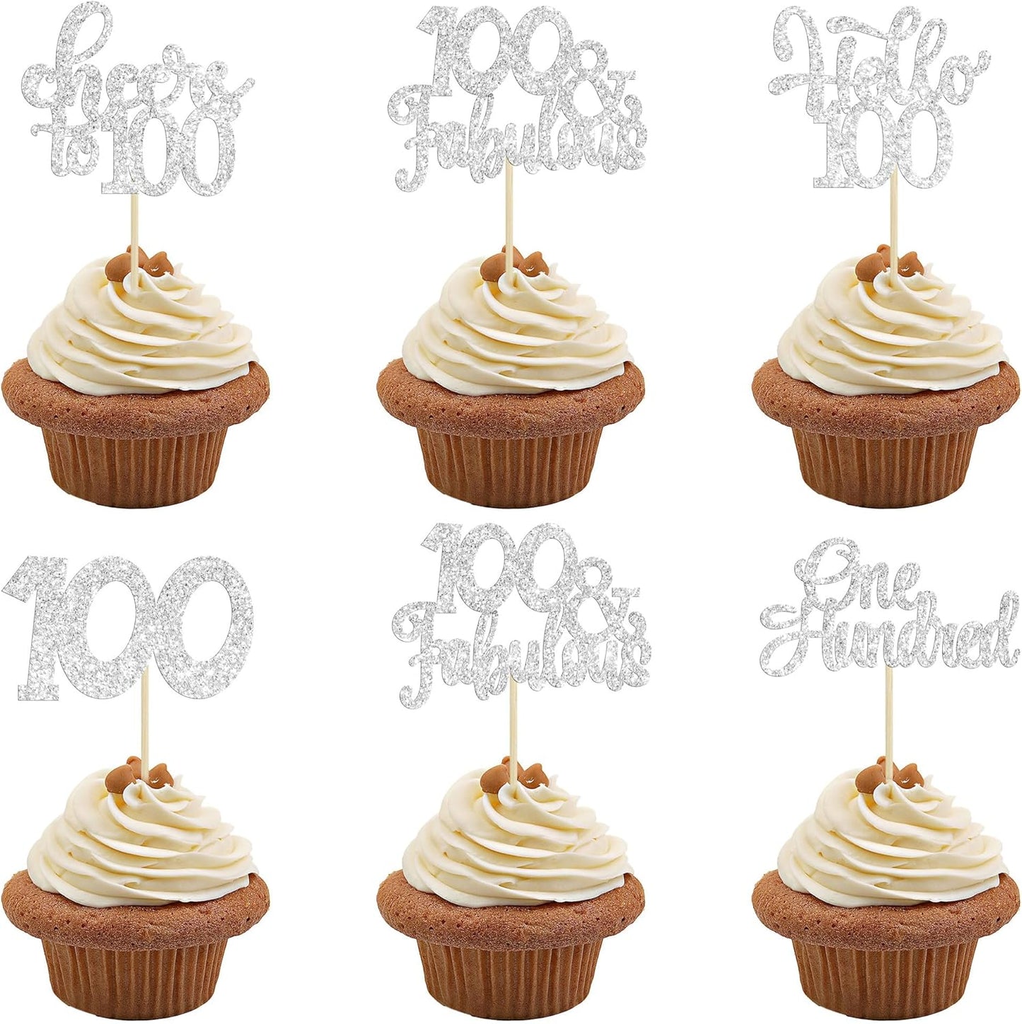 30pcs Happy 100th Birthday Cupcake Toppers - Silver Glitter One Hundred Cheers to 100 Years Old Cupcake Picks for Anniversary Party Cake Decorations
