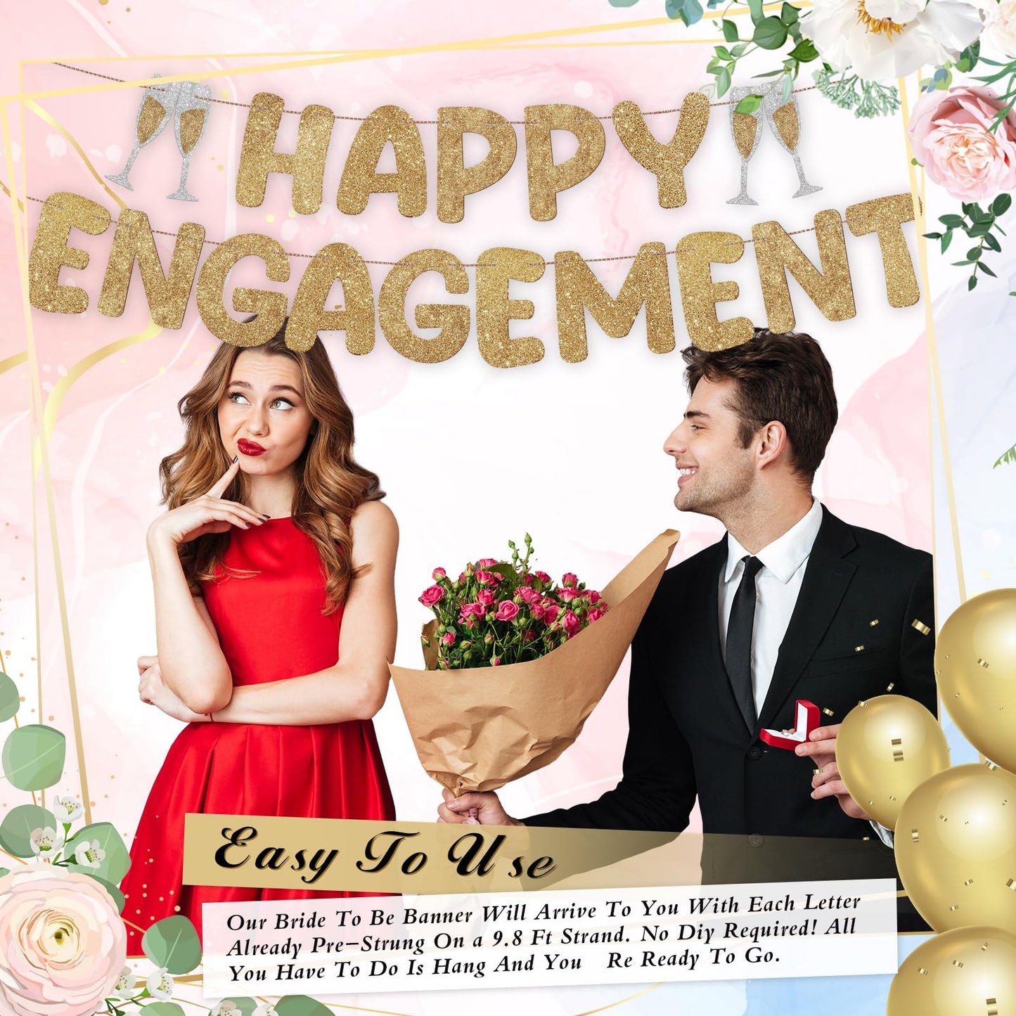 Breling Pre-Strung Glitter Happy Engagement Banner, Champagne Gold