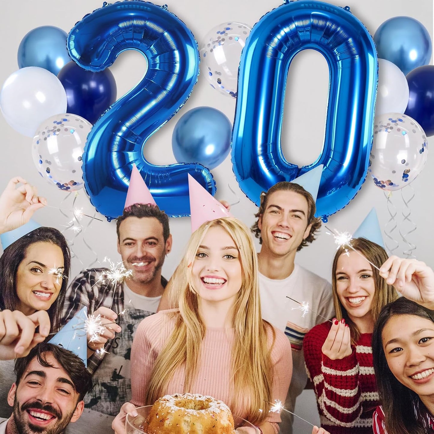 Dark Blue 20" Number 20 Balloon, Metallic Light Navy Blue Silver Confetti Balloon - Self Inflating Helium Foil for Men's 20th Birthday Party Decorations