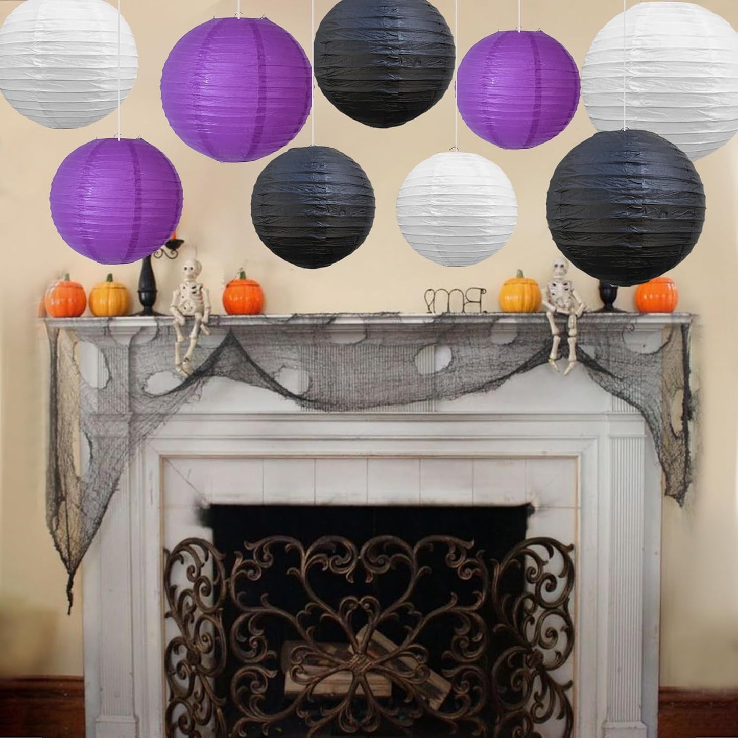 BEISHIDA 12Pcs Purple Black White Paper Lanterns Decorative Chinese/Japanese Hanging Round Paper Lanterns Lamp for Halloween，Birthday, Wedding, Christmas, Bridal,Home Decor, Party Decoration