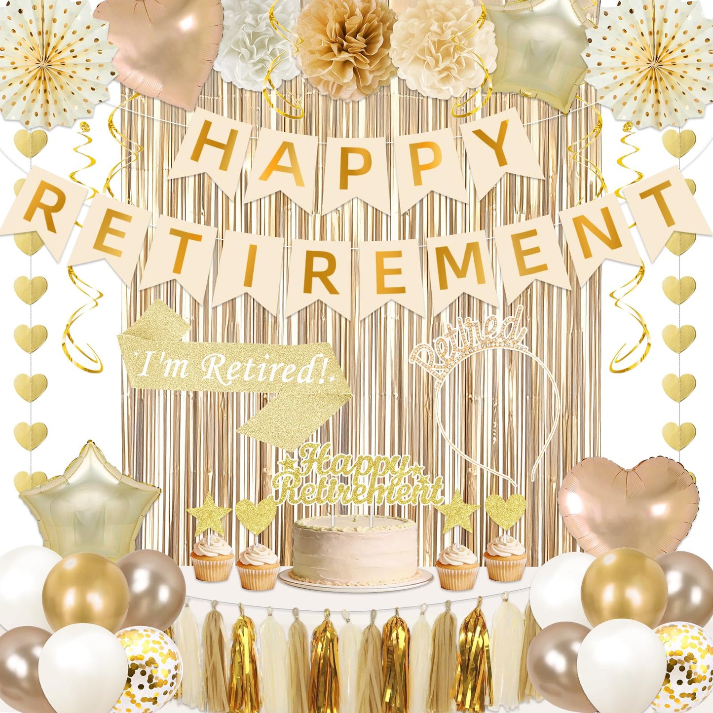 Retirement Party Decorations Supplies Set, Champagne Gold Retirement Decorations Happy Retirement