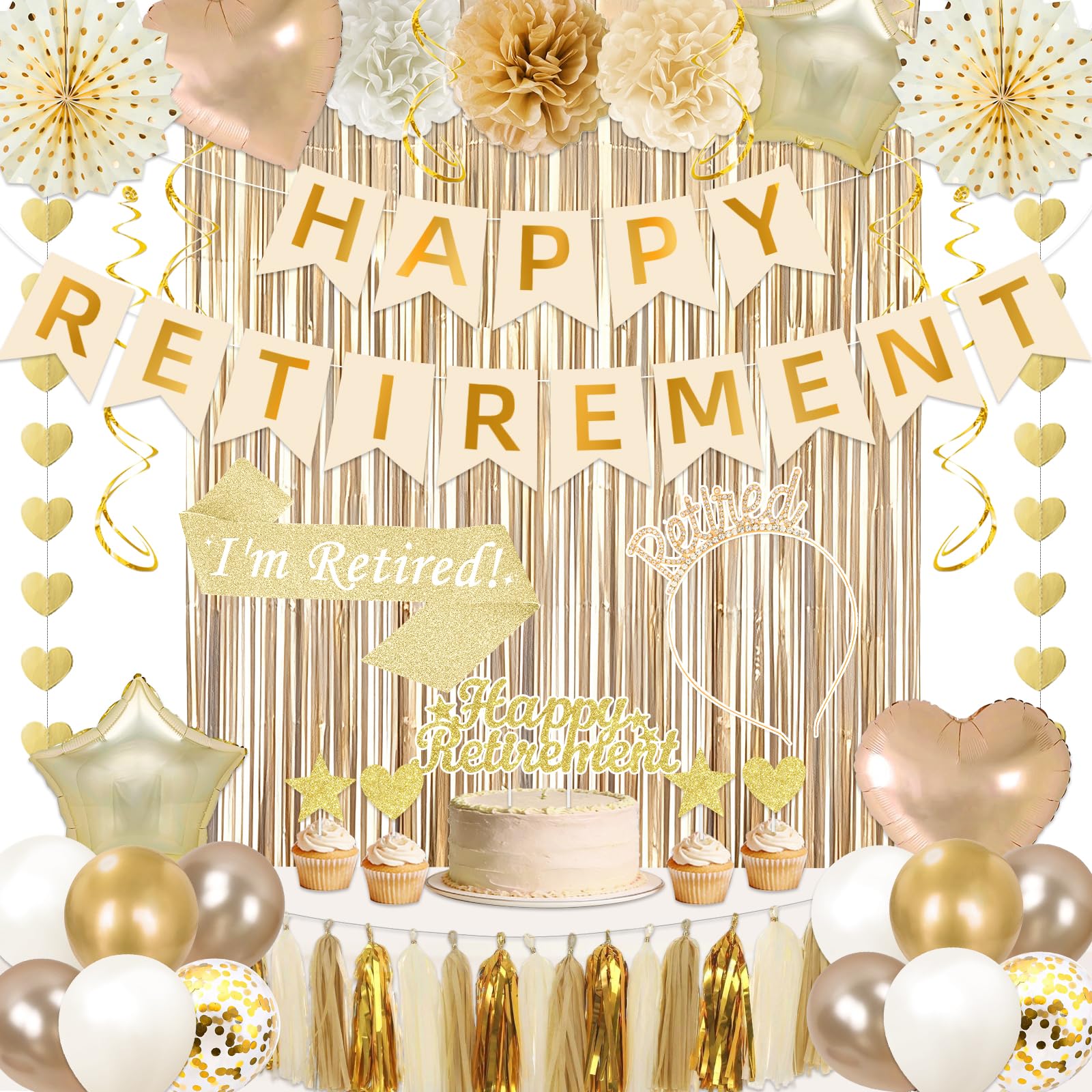 Retirement Party Decorations Supplies Set, Champagne Gold Retirement Decorations Happy Retirement