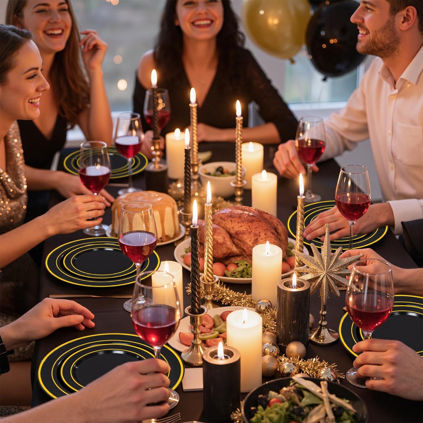 350 Pieces Black and Gold Plastic Plates with Disposable Silverware, Include 50 Dinner Plates 9”