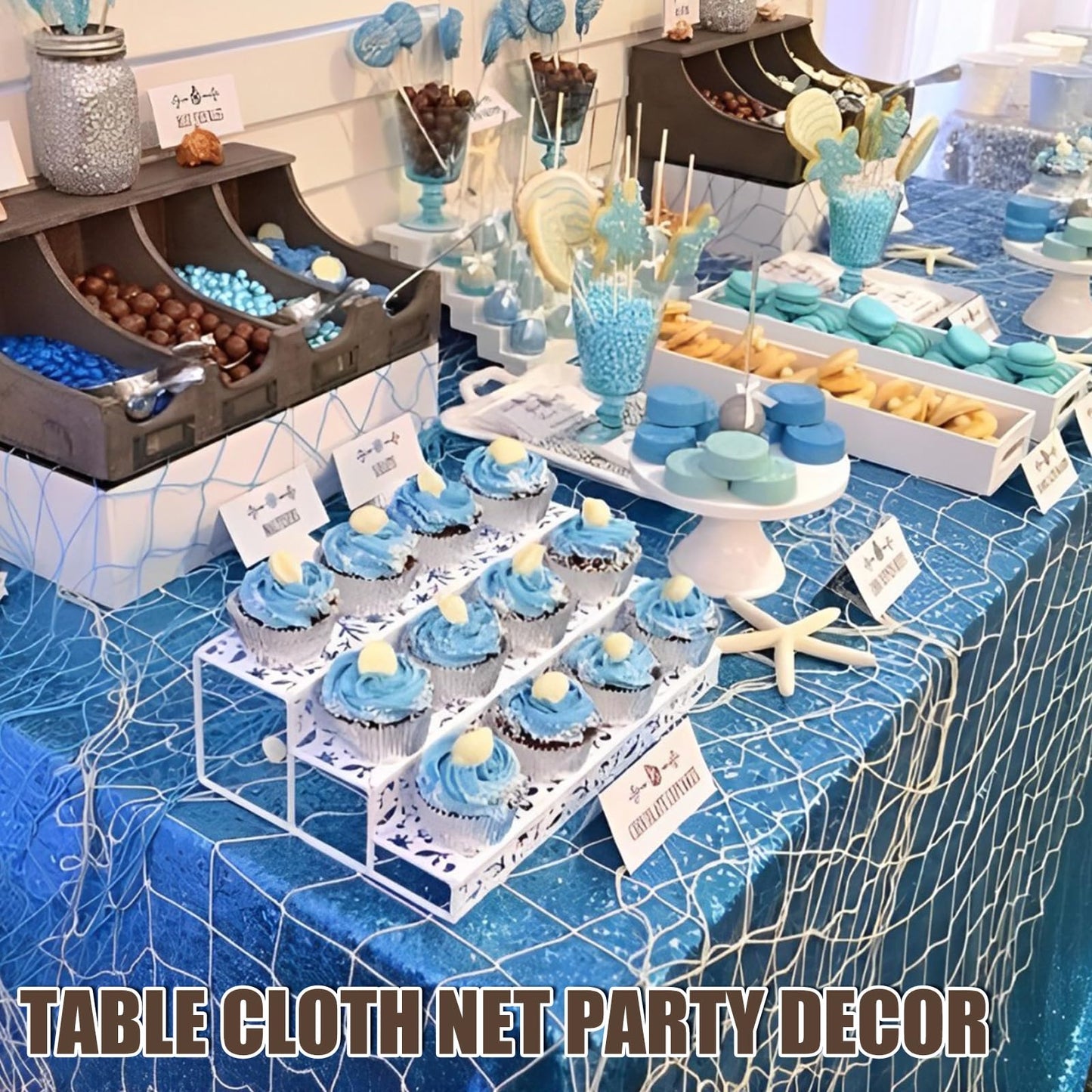 2 Pack Fish Net Decorations for Party, Natural Cotton Hawaiian Table Runner Party Fishing Net